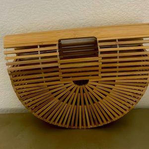 Bamboo Straw Bags Wooden Beach Purses Basket Handle